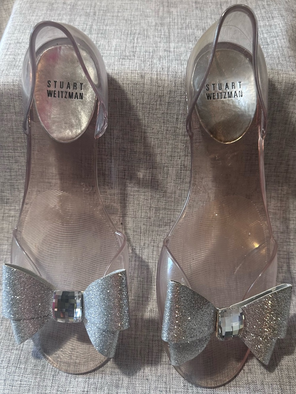 Stuart Weitzman Clear Jelly Sandals with Silver Glitter Bows